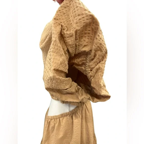 Madewell Seersucker Puff Sleeve Cutout Tiered Mini Dress XL Camel Tan NWT - Picture 5 of 10